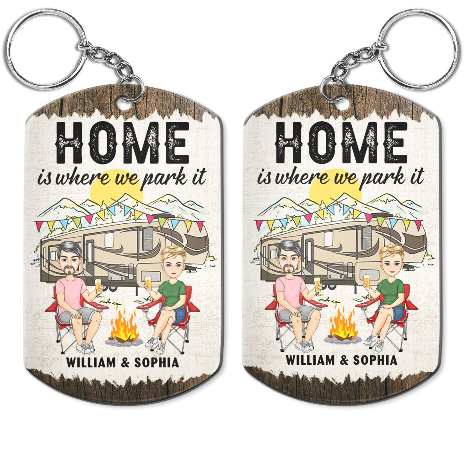 Home Is Where We Park It Cartoon Couple - Gift For Camping Lovers - Personalized Aluminum Keychain