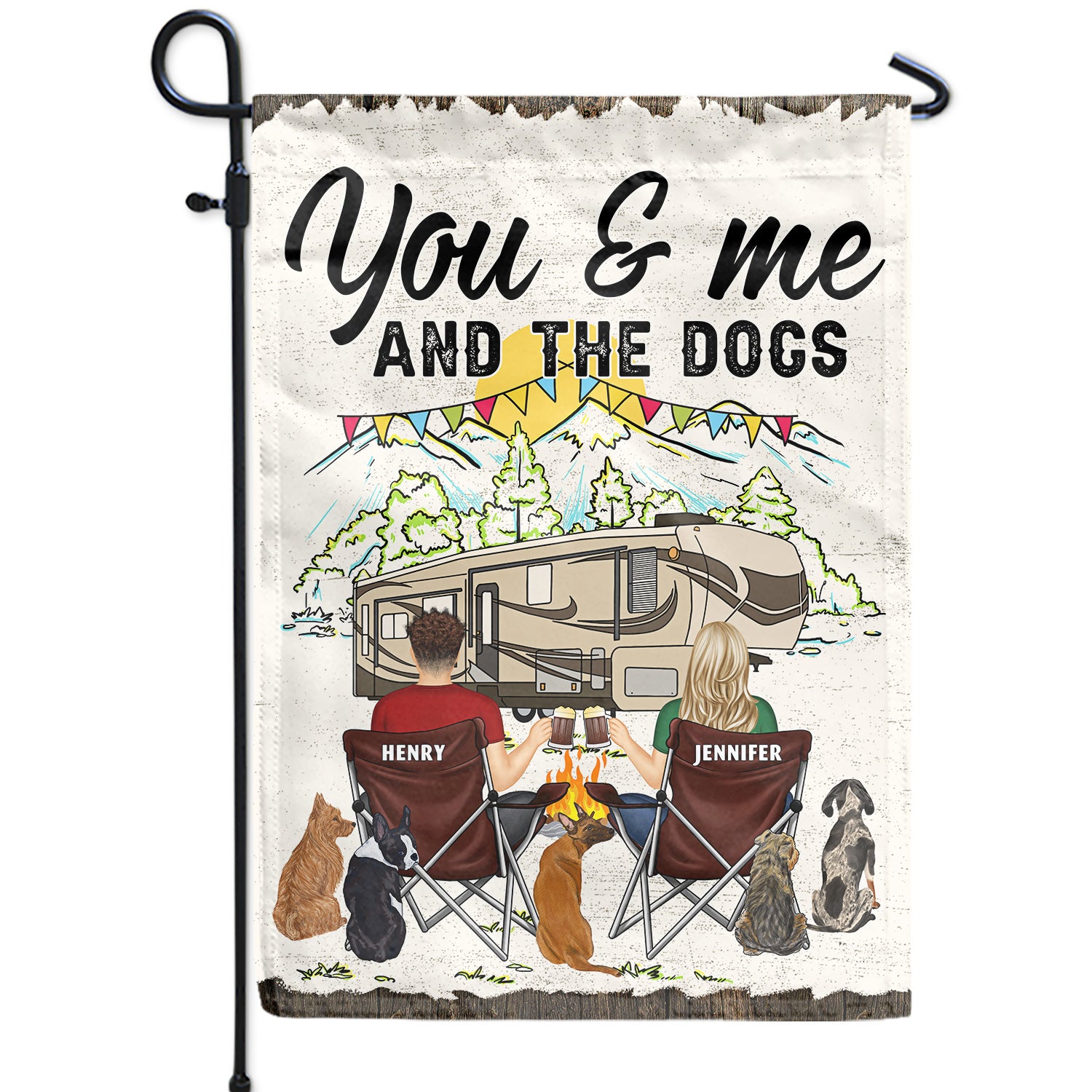 You & Me And The Dog Home Is Where - Gift For Camping Couples - Personalized Flag