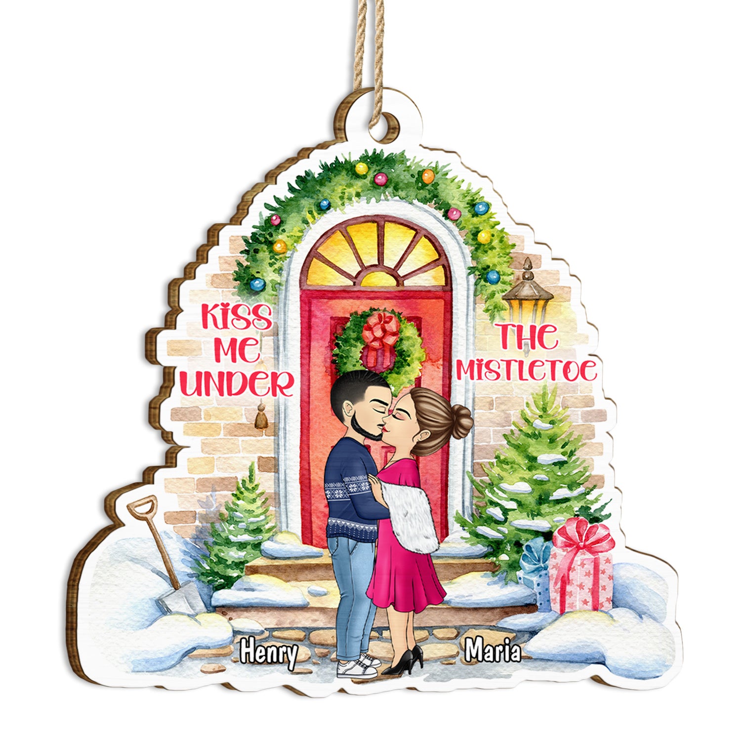 Kiss Me Under The Mistletoe - Gift For Couples - Personalized Custom Shaped Wooden Ornament