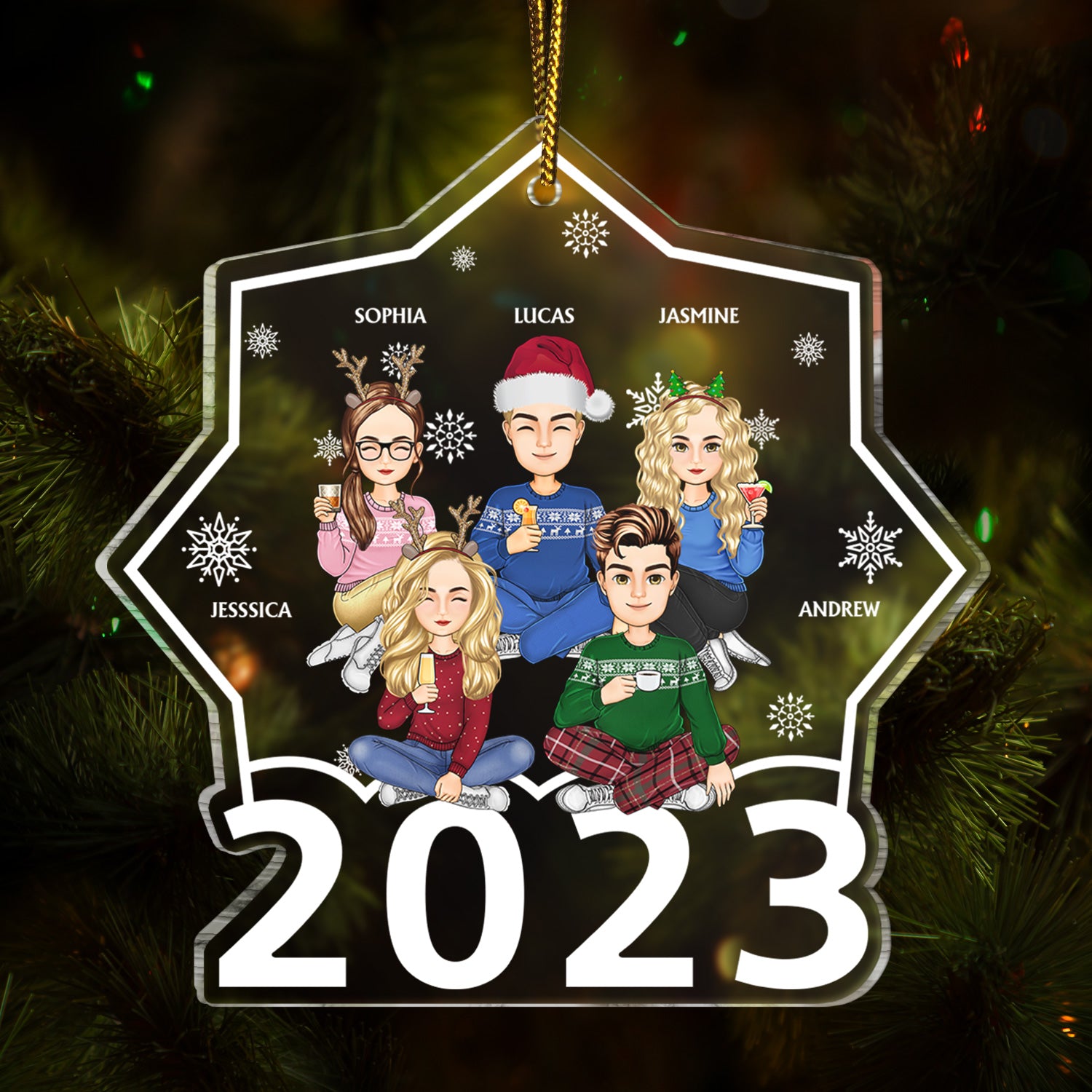 Cartoon Style 2023 - Christmas, Lovely Gift For Bestie, Family, Couple, Dad, Mom, Grandpa, Grandma - Personalized Custom Shaped Acrylic Ornament