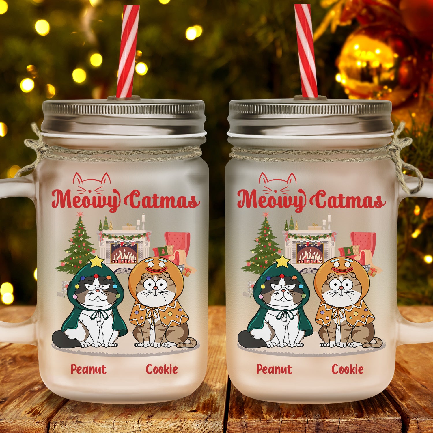 Meowy Catmas Funny Cartoon Cats - Christmas Gift For Cat Lovers - Personalized Mason Jar Cup With Straw