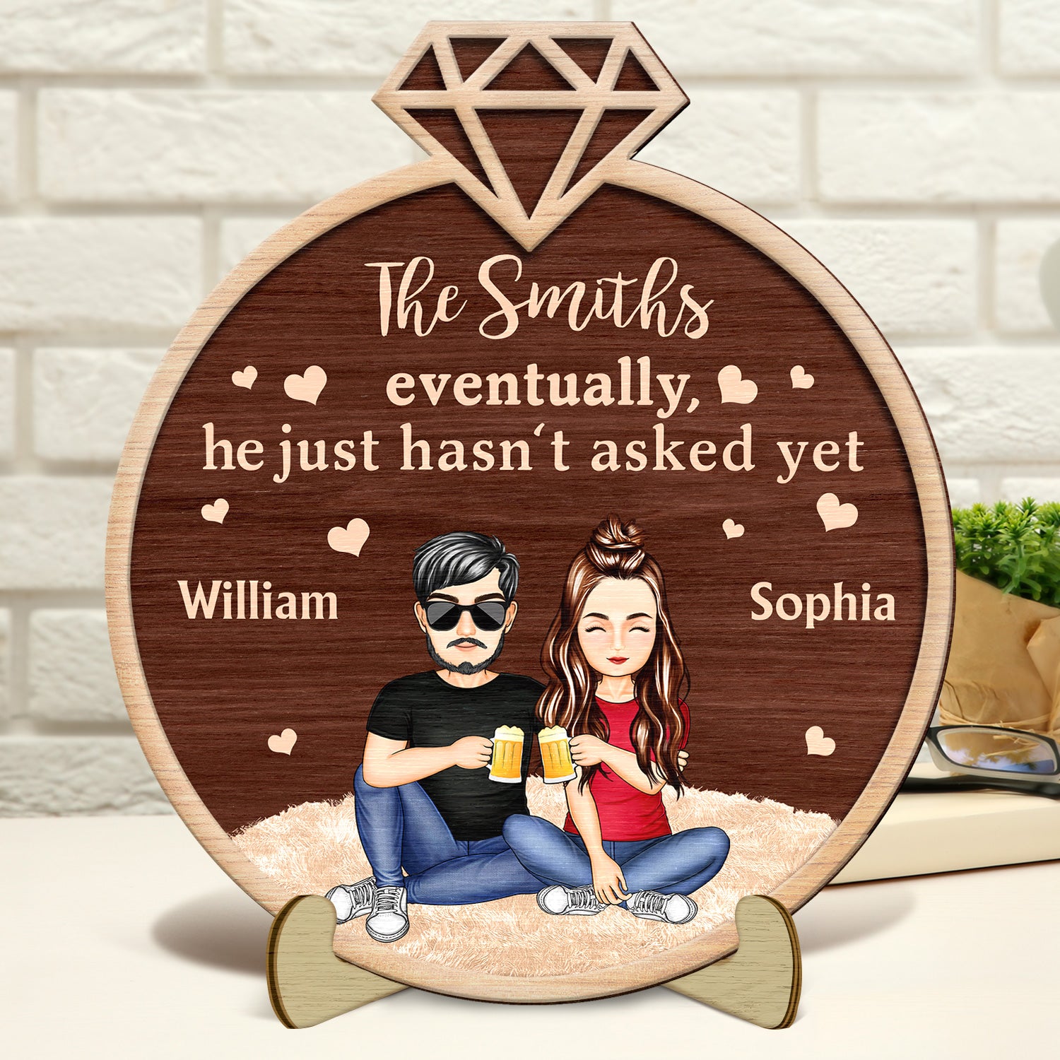 Cartoon Couple Eventually He Just Hasn't Asked Yet - Gift For Spouse, Husband, Wife - Personalized 2-Layered Wooden Plaque With Stand