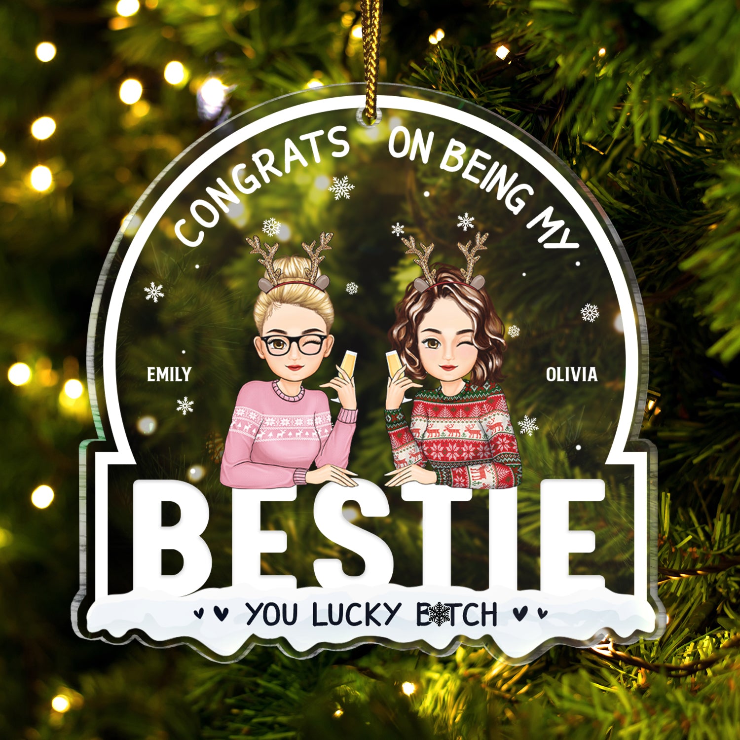 Christmas Congrats On Being My Besties Cartoon Drinking - Gift For Bestie - Personalized Custom Shaped Acrylic Ornament