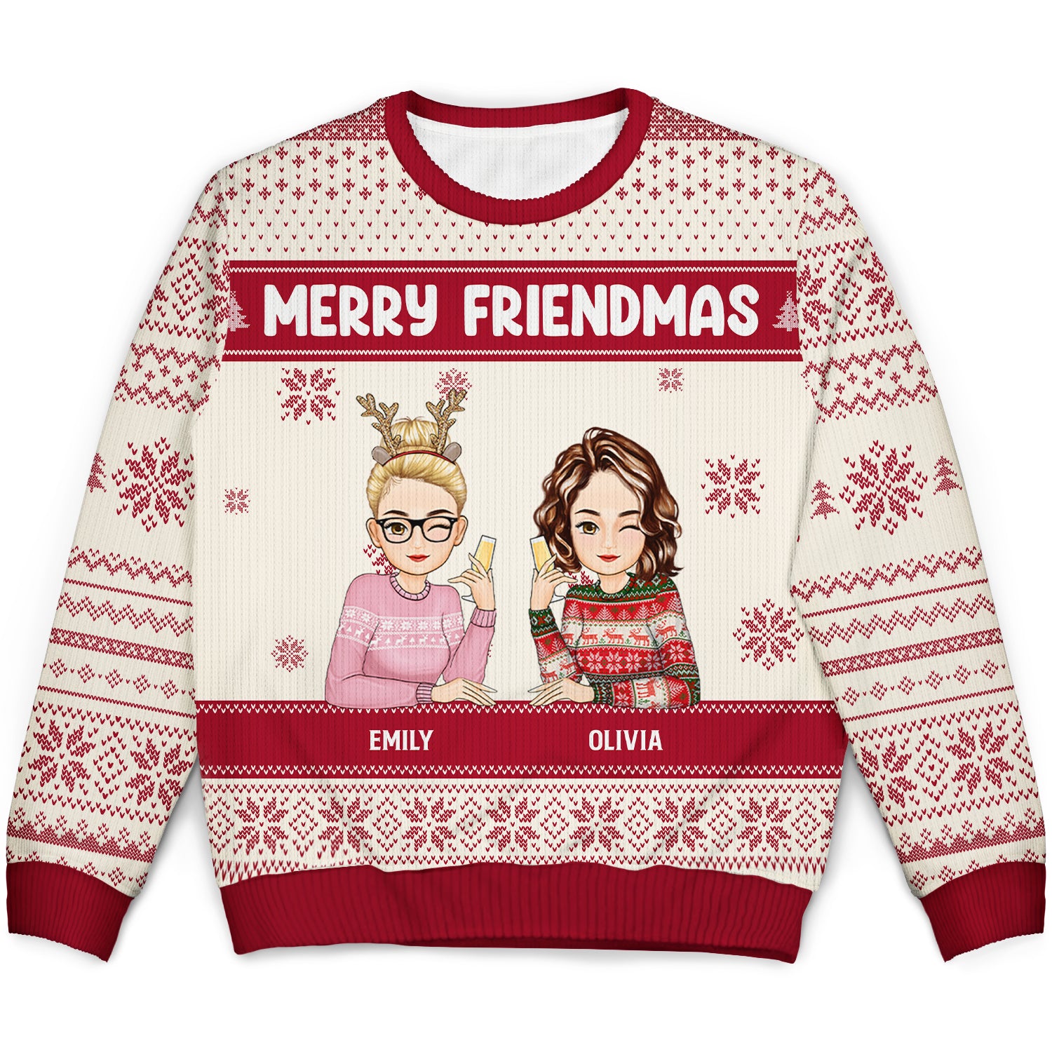 Christmas Cartoon Drinking Bestie Merry Friendmas - Gift For Bestie - Personalized Unisex Ugly Sweater