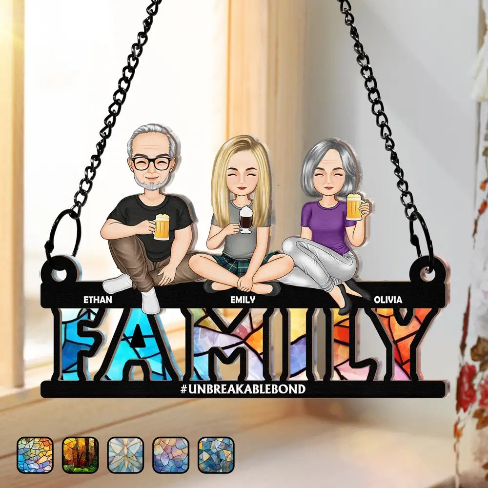 Cartoon Family Forever Unbreakable Bond - Personalized Window Hanging Suncatcher Ornament
