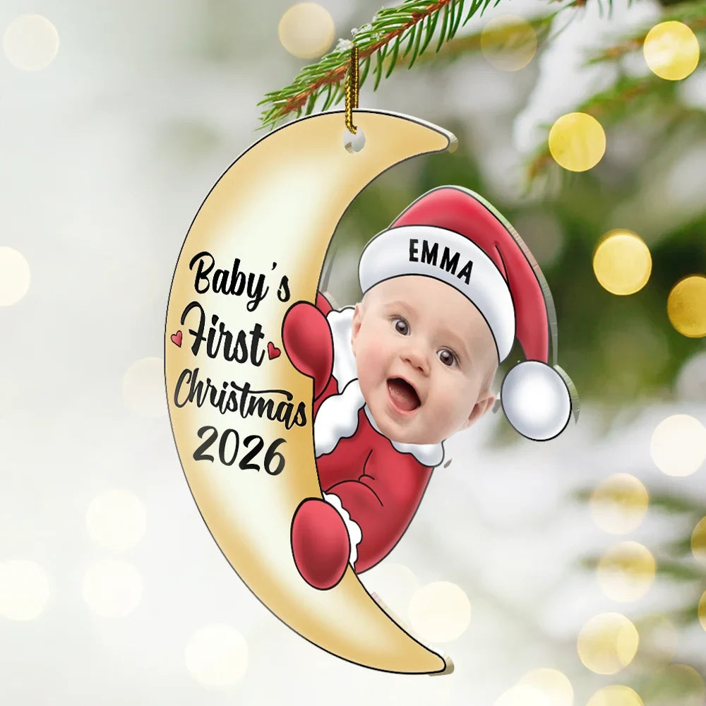 Custom Photo Christmas Santa Baby On The Moon - Personalized Cutout Acrylic Ornament