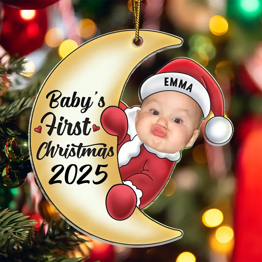 Custom Photo Christmas Santa Baby On The Moon - Personalized Cutout Acrylic Ornament