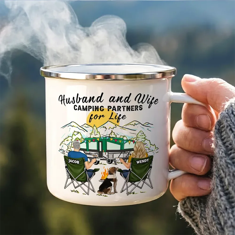 Camping,Campsite,Happy,Gift For Couples,Gift For Husband,Gift For Wife,Gift For Boyfriend,Gift For Girlfriend - Home Is Where We Park It You And Me And The Dogs - Personalized Enamel Mug