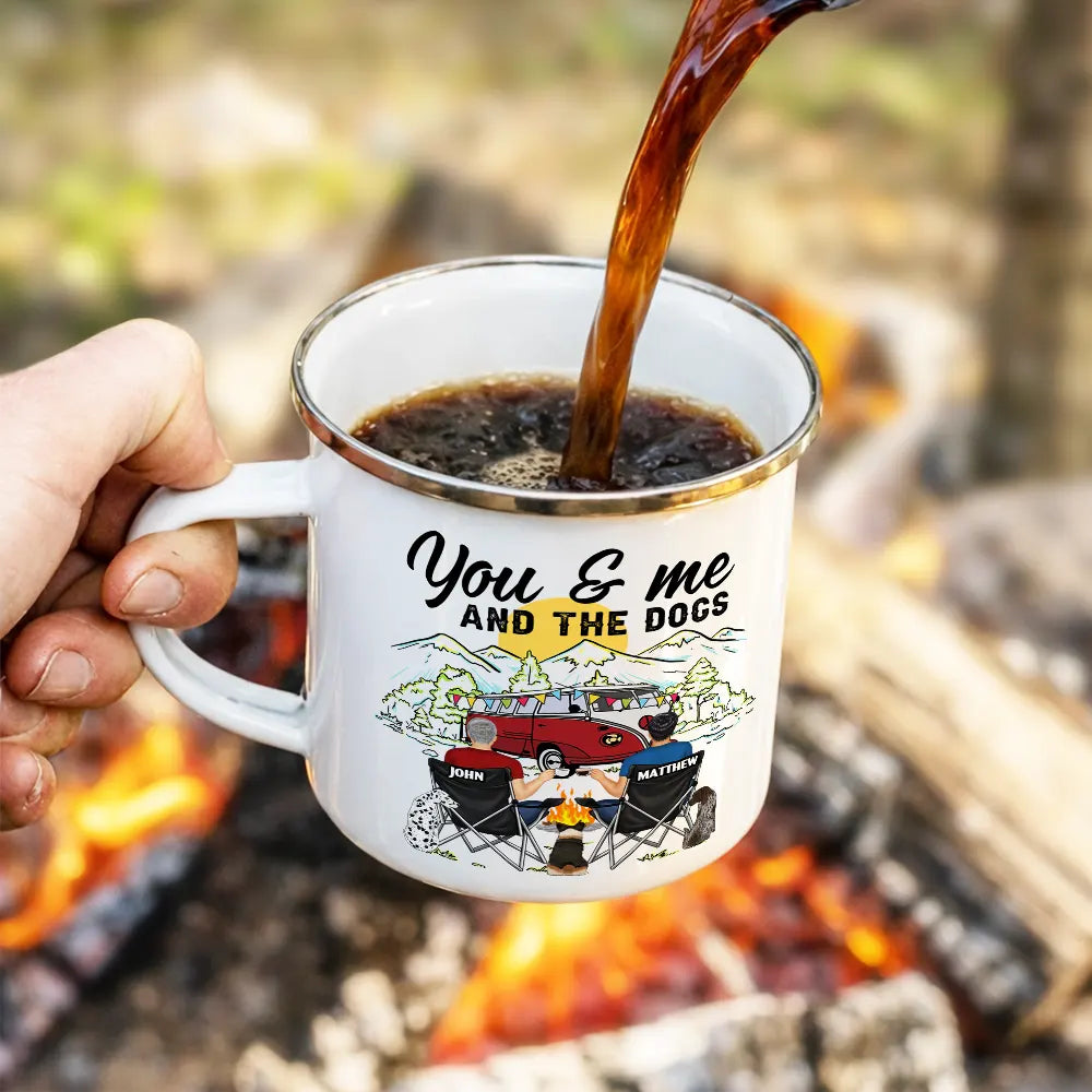 Camping,Campsite,Happy,Gift For Couples,Gift For Husband,Gift For Wife,Gift For Boyfriend,Gift For Girlfriend - Home Is Where We Park It You And Me And The Dogs - Personalized Enamel Mug