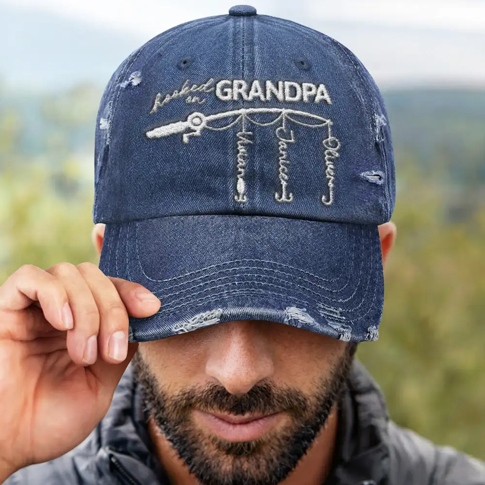 Gift For Father,Gift For Grandpa,Happy - Hooked On Dad Grandpa - Personalized Embroidered Distressed Cap