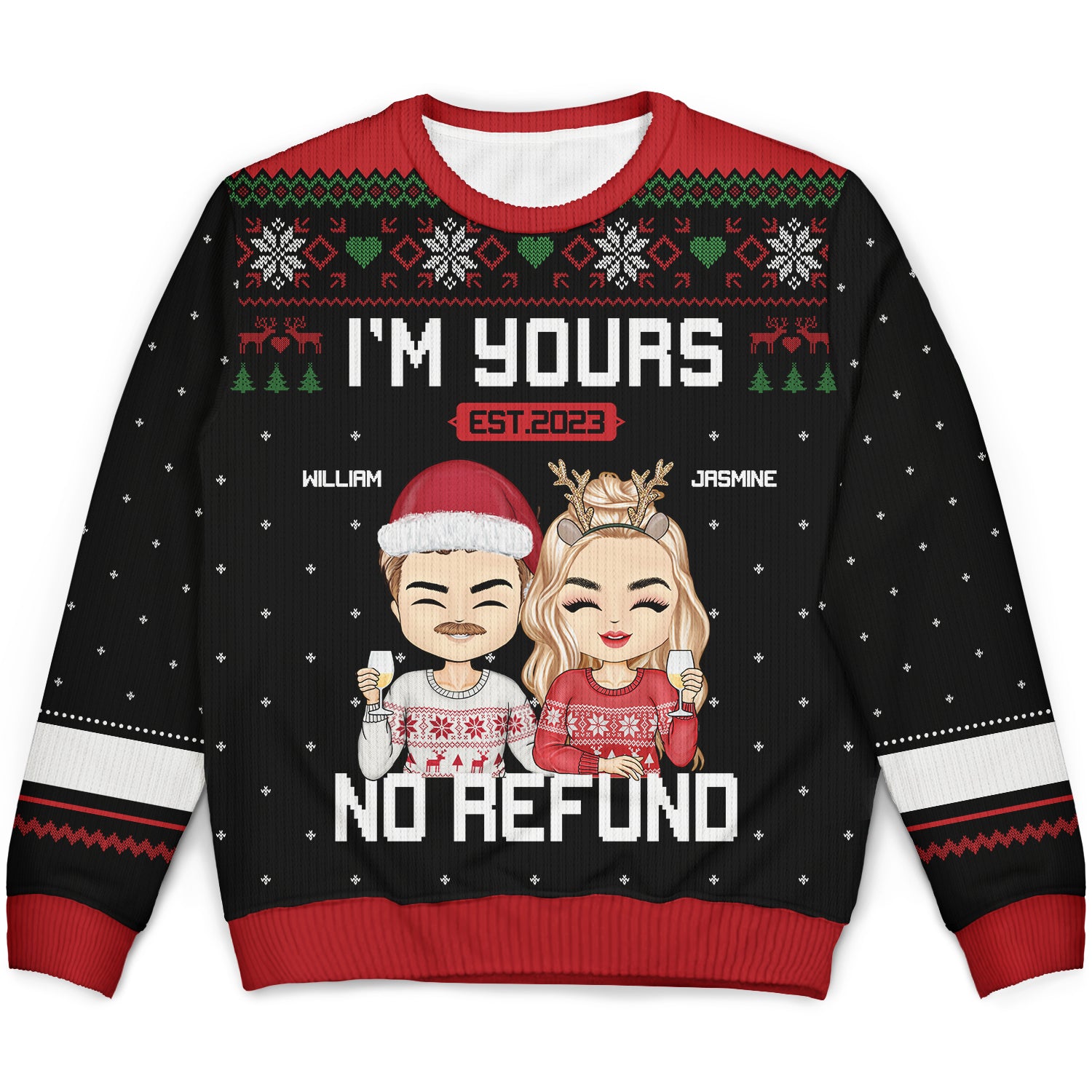 Christmas Chibi Couple I'm Yours No Refund - Gift For Couples - Personalized Unisex Ugly Sweater