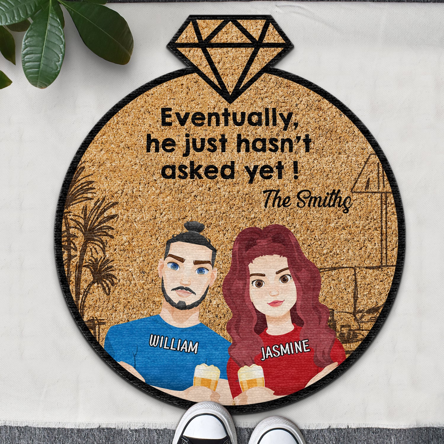 Couple Flat Art Eventually He Just Hasn't Asked Yet - Gift For Couples - Personalized Custom Shaped Doormat