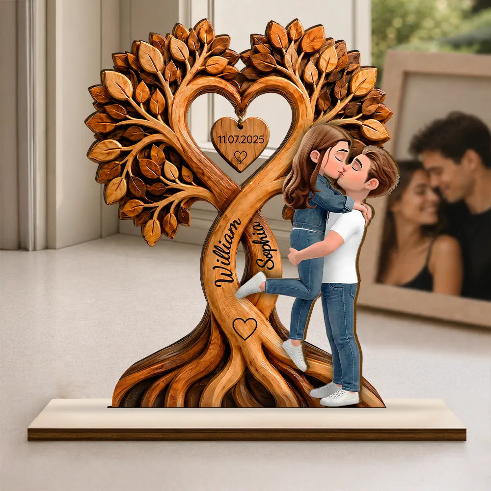 Anniversary, Gift For Couples, Romantic, Vector - Kissing Couple Under Heart Tree - Personalized Custom Shaped Wooden Plaque