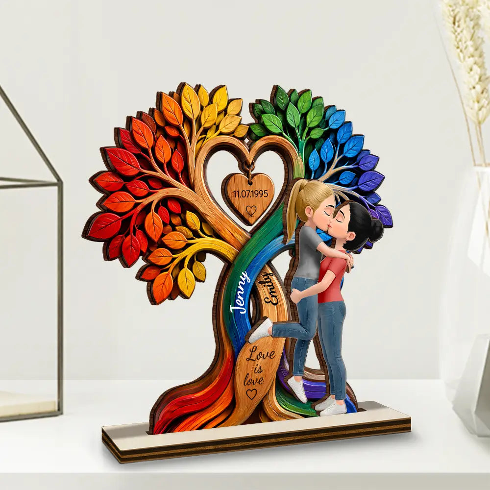 Anniversary, Gift For Couples, Romantic, Vector - Kissing Couple Under Heart Tree - Personalized Custom Shaped Wooden Plaque