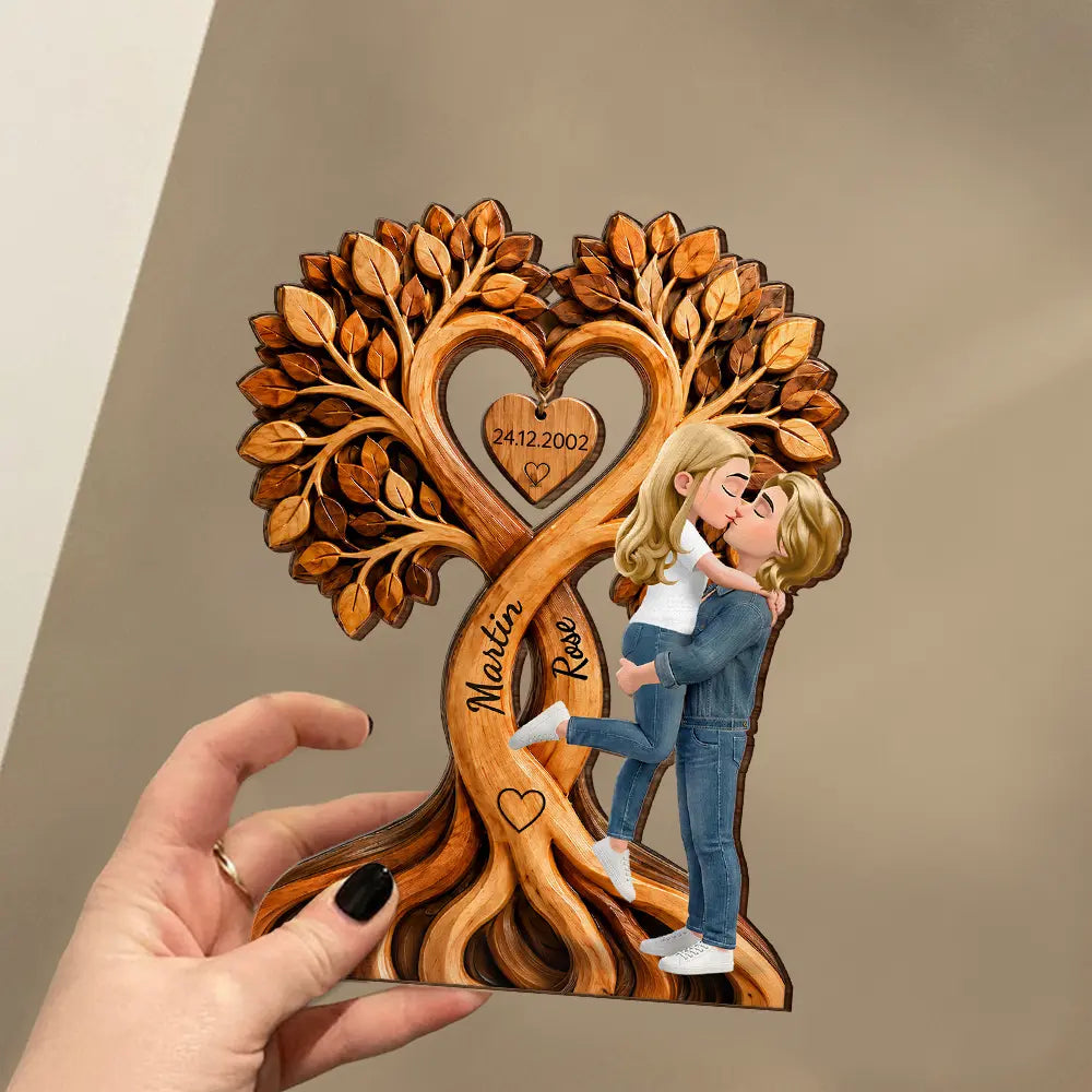 Anniversary, Gift For Couples, Romantic, Vector - Kissing Couple Under Heart Tree - Personalized Custom Shaped Wooden Plaque