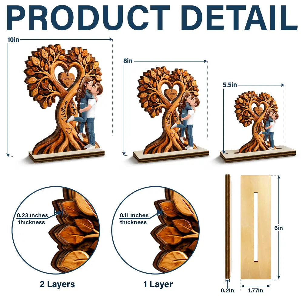 Anniversary, Gift For Couples, Romantic, Vector - Kissing Couple Under Heart Tree - Personalized Custom Shaped Wooden Plaque