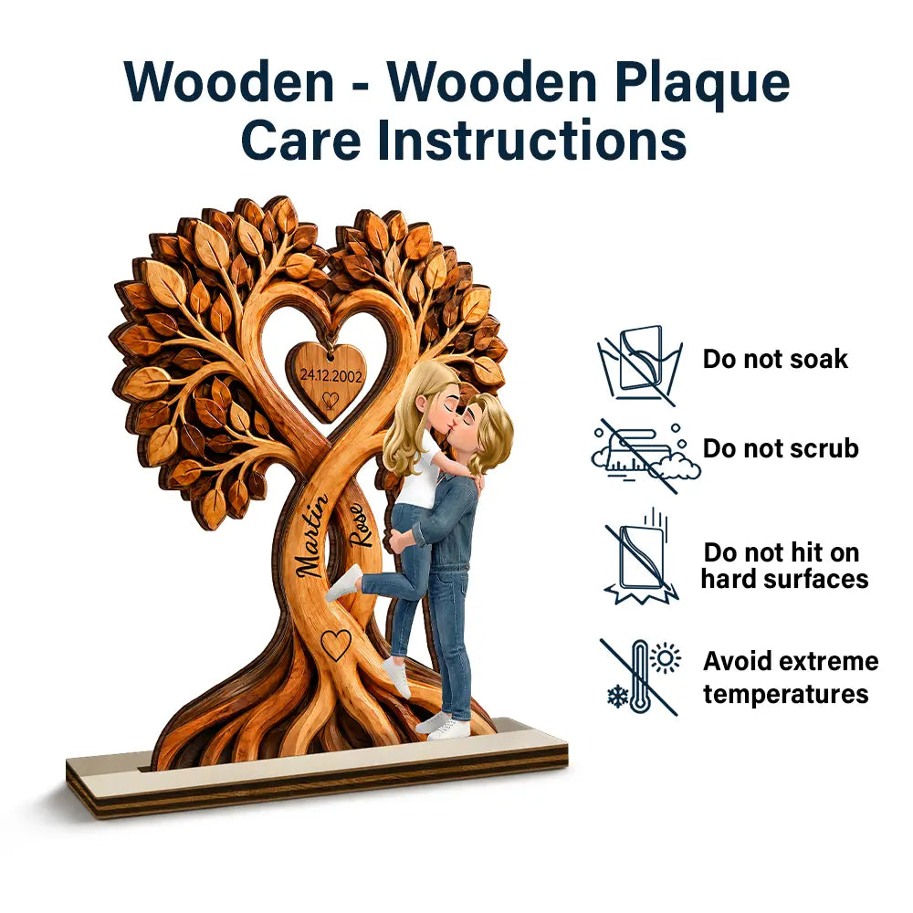 Anniversary, Gift For Couples, Romantic, Vector - Kissing Couple Under Heart Tree - Personalized Custom Shaped Wooden Plaque