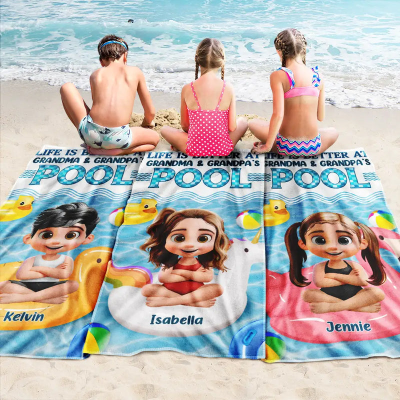 Gift For Grandkids, Gift For Kids, Poolside, Happy, Summer - Life Is Better At Grandma And Grandpa's Pool - Personalized Beach Towel