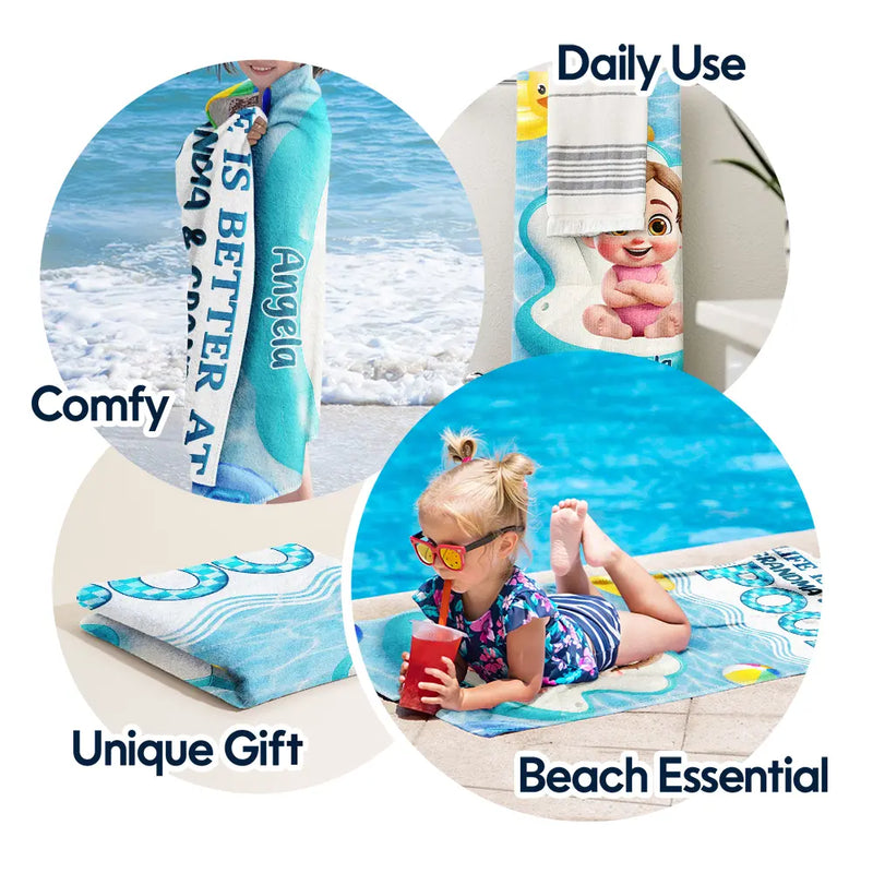 Gift For Grandkids, Gift For Kids, Poolside, Happy, Summer - Life Is Better At Grandma And Grandpa's Pool - Personalized Beach Towel