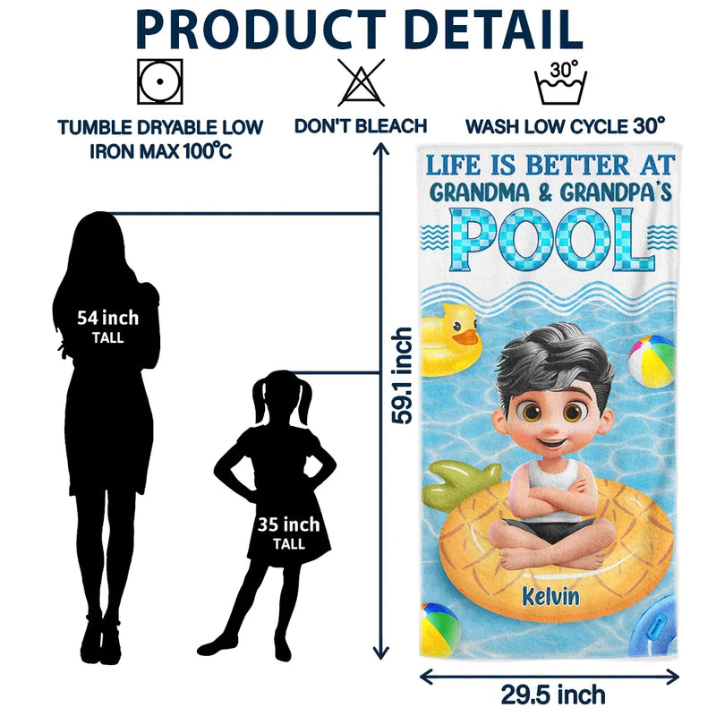Gift For Grandkids, Gift For Kids, Poolside, Happy, Summer - Life Is Better At Grandma And Grandpa's Pool - Personalized Beach Towel