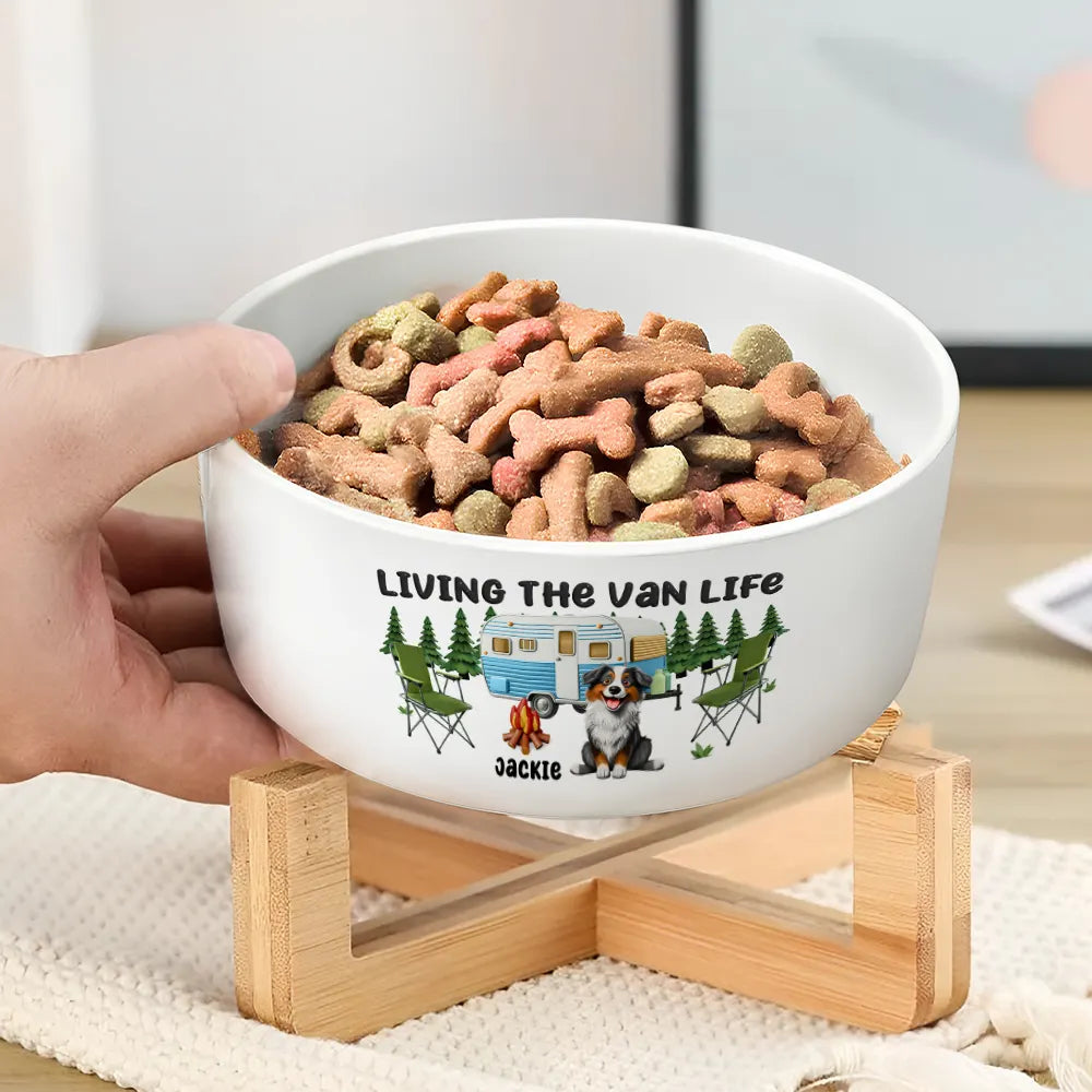 Funny,Dog Lovers,Dog Mom,Dog Dad,Camping,Campsite - Living The Van Life - Personalized Pet Bowl