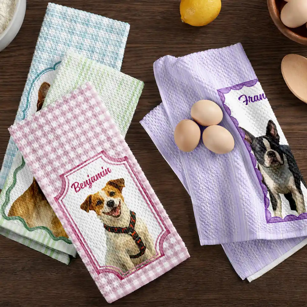 Happy,Dog Lovers,Pet Lovers,Cat Lovers - Custom Photo Watercolor Dog Cat Pet Portrait Vintage - Personalized Kitchen Towel