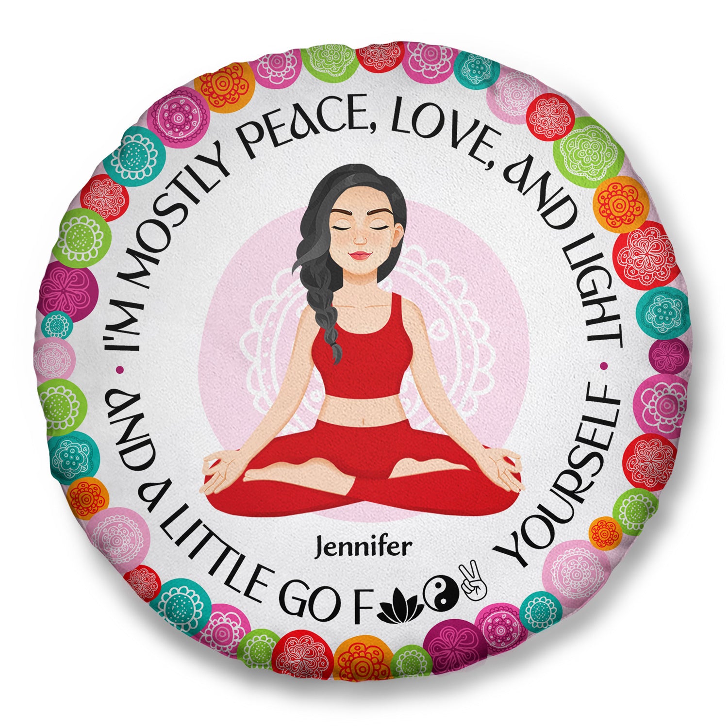 Peace, Love And Light - Gift For Yoga Lovers - Personalized Round Pillow