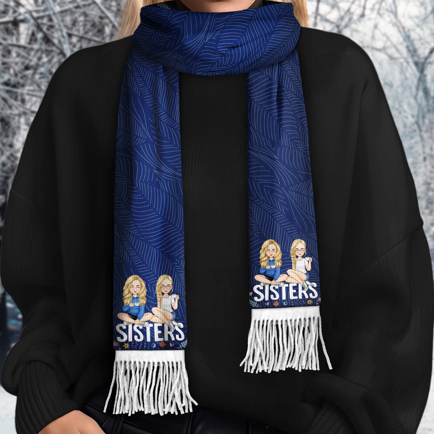 Cartoon Gift For Sisters Besties - Personalized Wool Scarf With Tassel