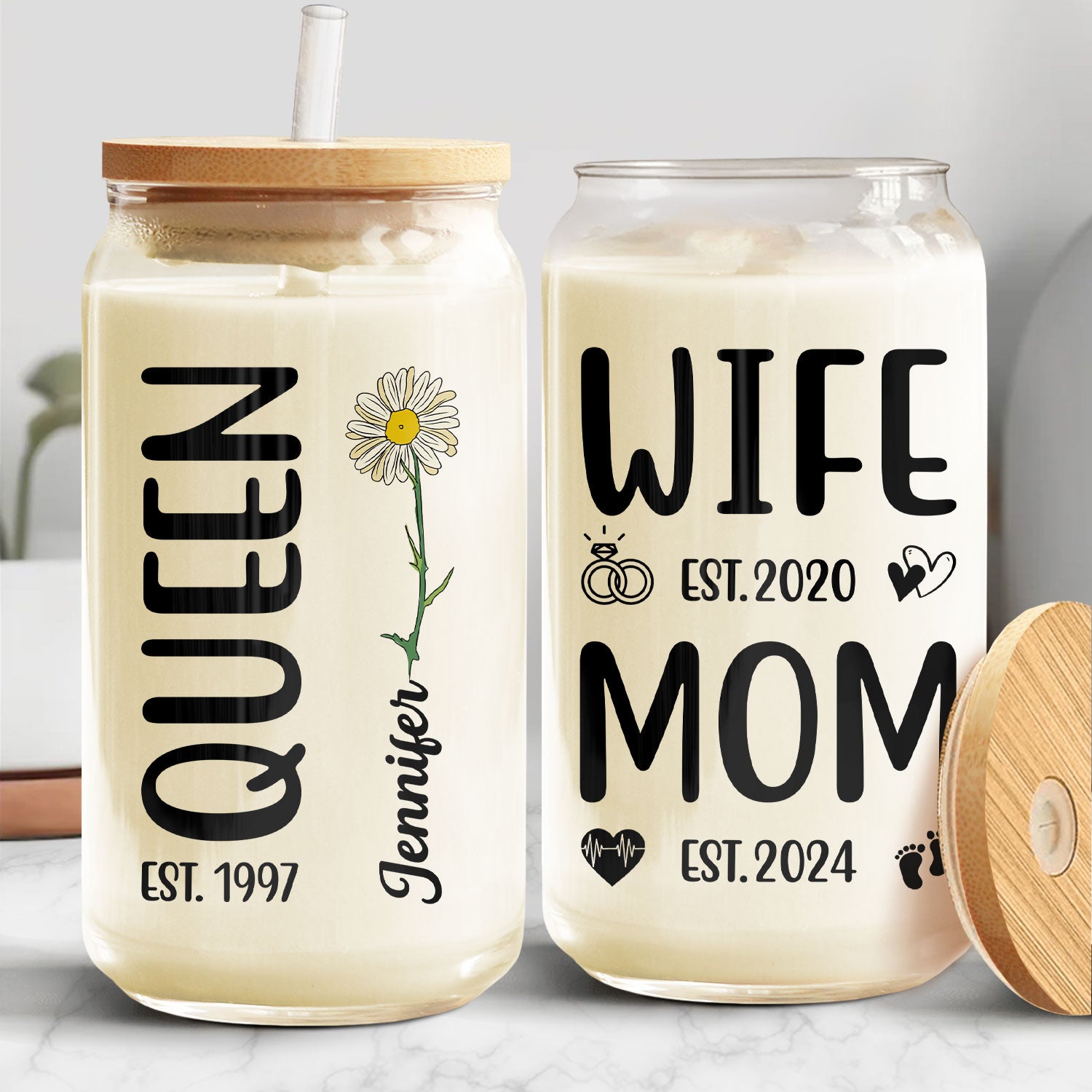 Birth Month Flower Queen Wife Mom - Gift For Mother - Personalized Clear Glass Can