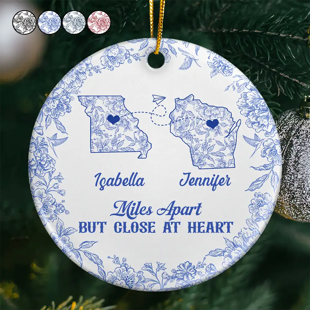 Long Distance,Gift For Bestie,Gift For Sisters,Gift For Mother,Gift For Daughter,Love,Christmas - Miles Apart But Close At Heart Toile Pattern - Personalized Circle Ceramic Ornament