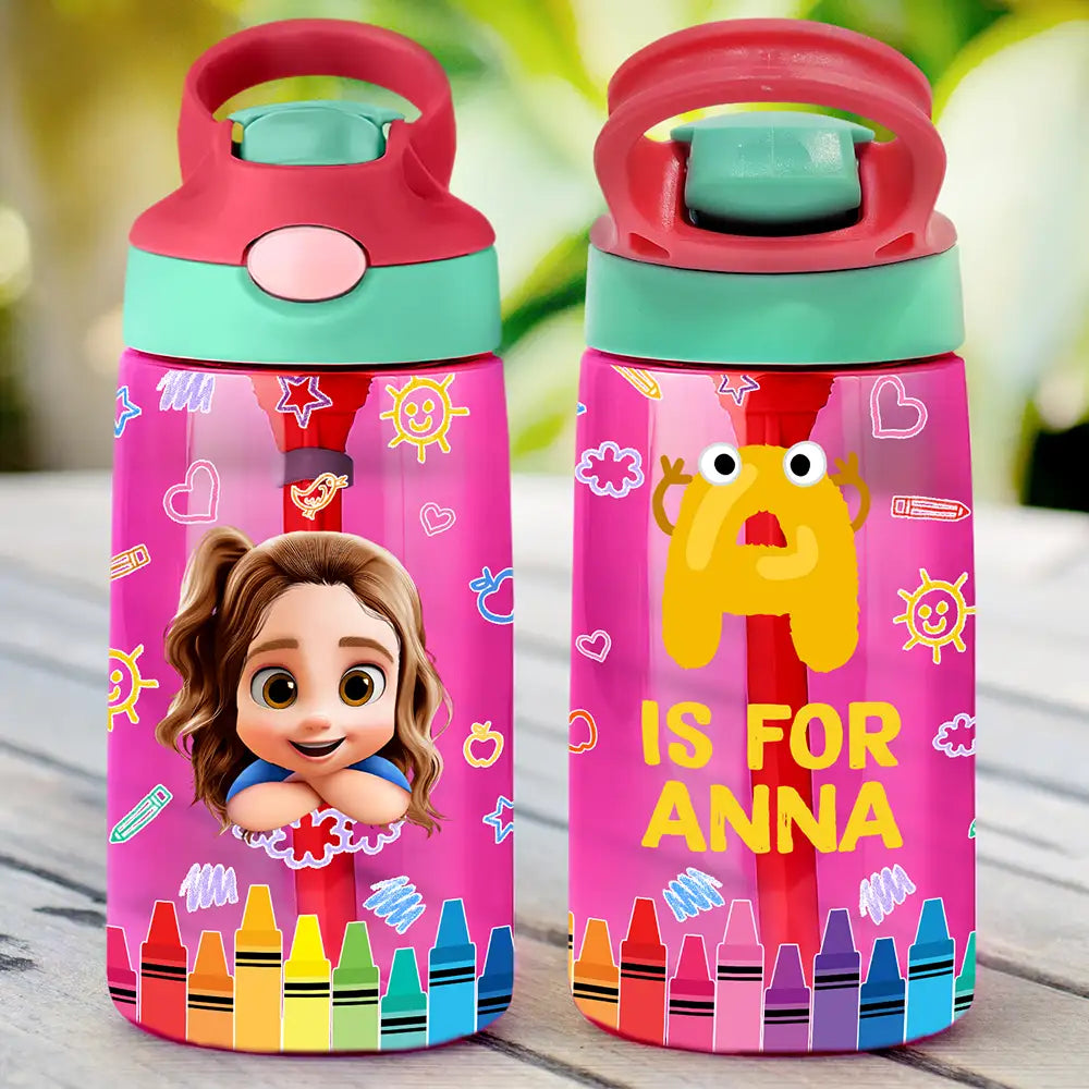 Monogram School Kid - Personalized Kids Water Bottle With Straw