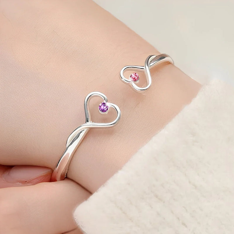 Gift For Mother, Gift For Daughter, Mom - Daughters (Adult), Mom - Daughters (Young), Love - Mother And Daughter Will Always Be Connected By Heart - Personalized Gem Heart Cuff Bracelet