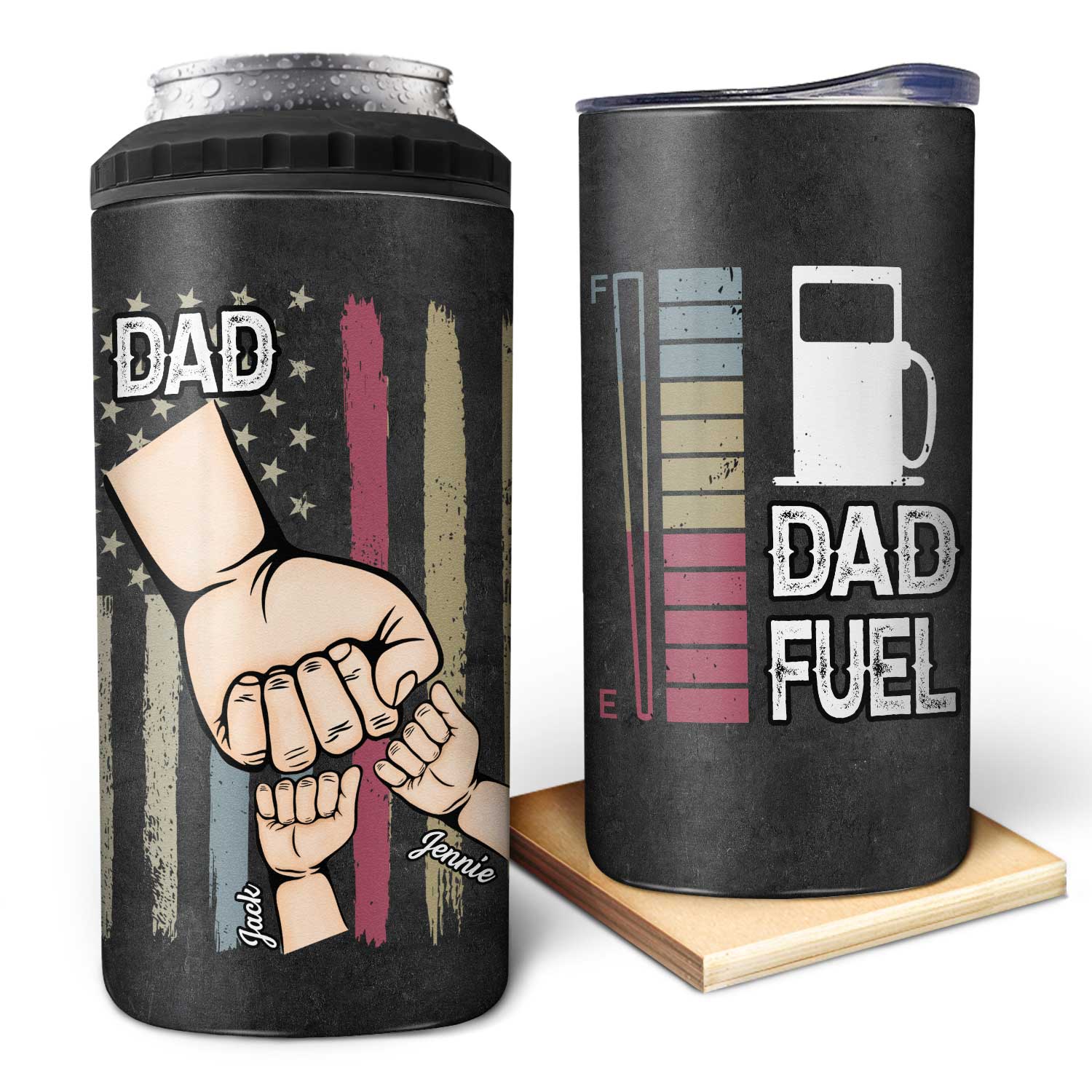 Dad Fuel Grandpa And Kids Fist Bump - Birthday, Loving Gift For Daddy, Father, Grandfather, Husband, Men - Personalized Custom 4 In 1 Can Cooler Tumbler