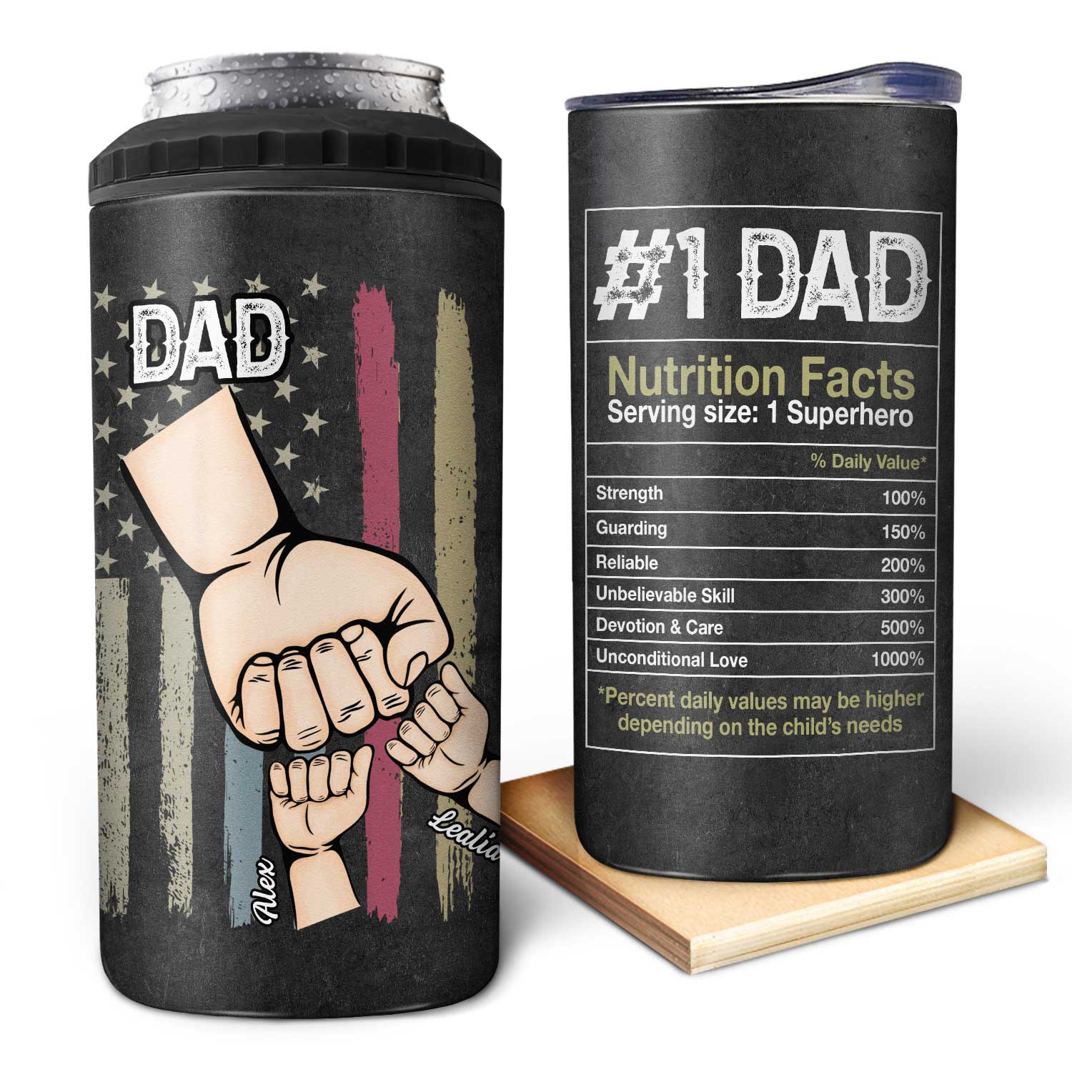 Dad Nutrition Facts Fist Bump - Birthday, Loving Gift For Daddy, Father, Grandfather, Grandpa - Personalized Custom 4 In 1 Can Cooler Tumbler