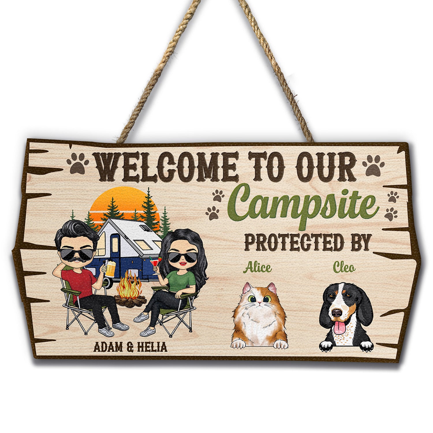 Welcome To Our Campsite Protected By Dogs Cats Pets - Gift For Couples, Campers, Camping Lovers, Travelers - Personalized Custom Shaped Wood Sign