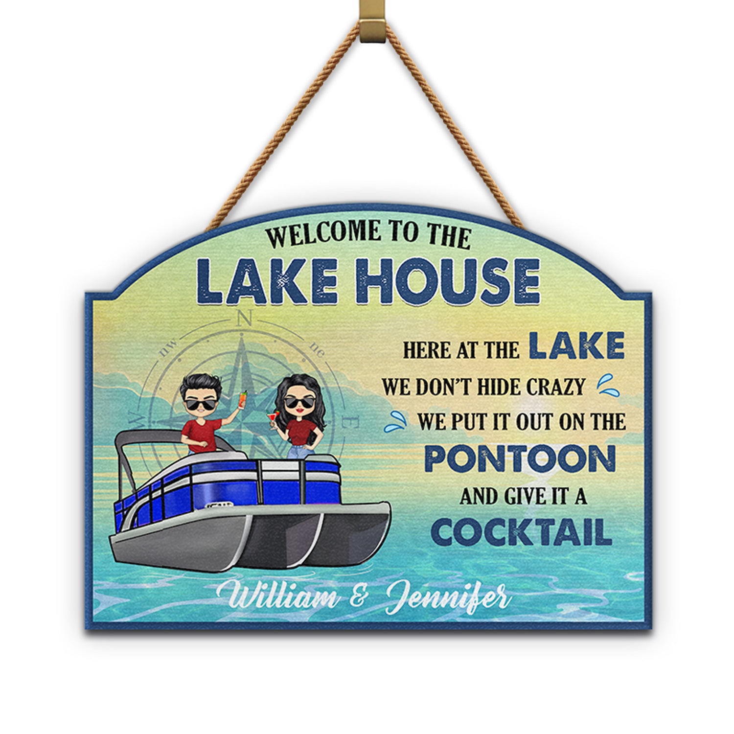 Pontoon Here At The Lake We Don't Hide Crazy - Home Decor, Backyard Decor, Lake House Sign, Gift For Pontooning Lovers, Couples, Husband, Wife - Personalized Custom Shaped Wood Sign
