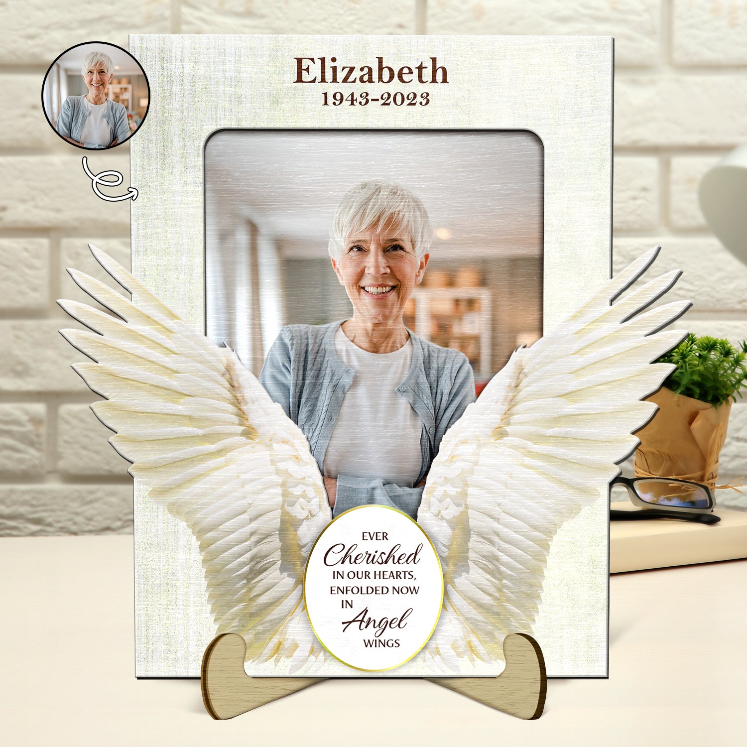 Custom Photo Cherished In Our Hearts Enfolded In Angel Wings - Memorial Gift, Sympathy Gift - Personalized 2-Layered Wooden Plaque With Stand