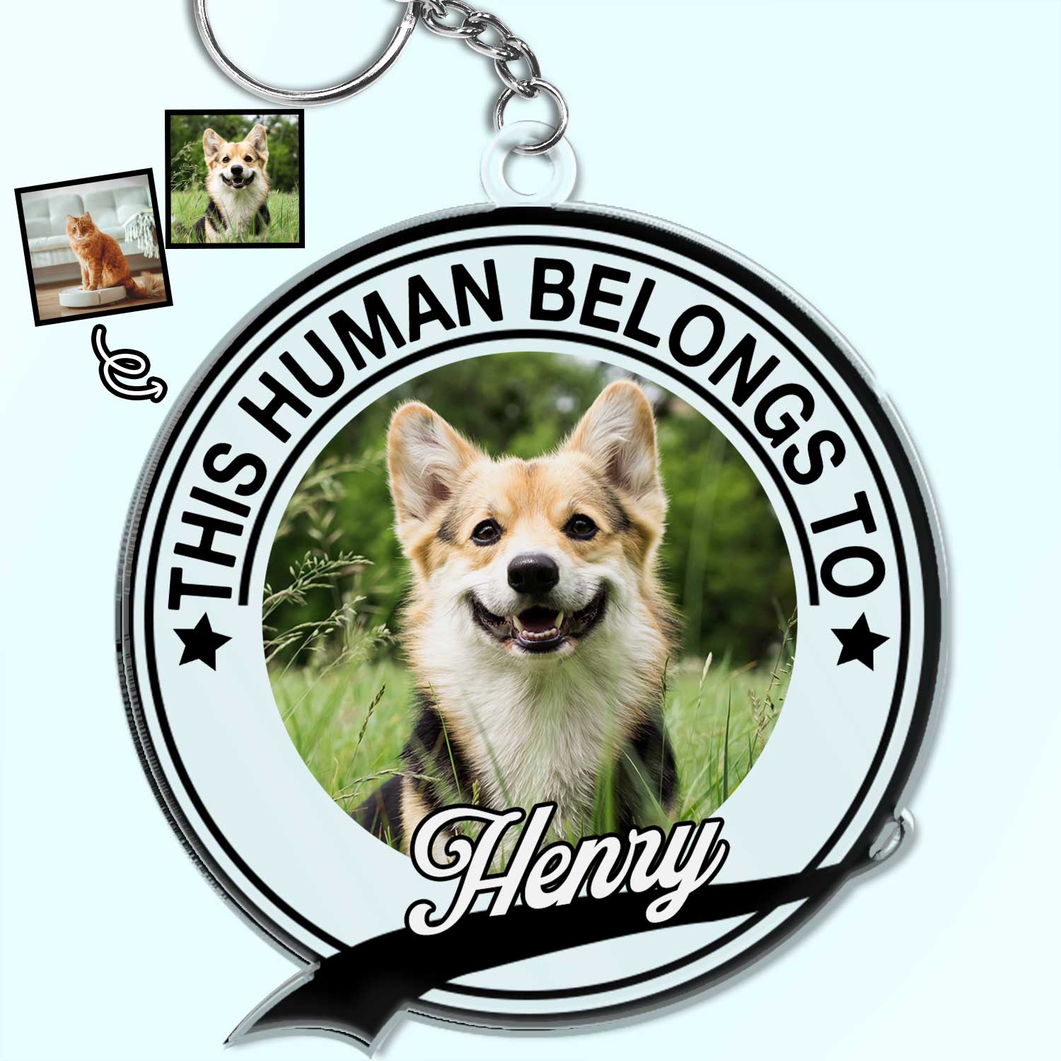 Custom Photo Dog Cat This Human Belongs To - Gift For Pet Lovers - Personalized Acrylic Keychain
