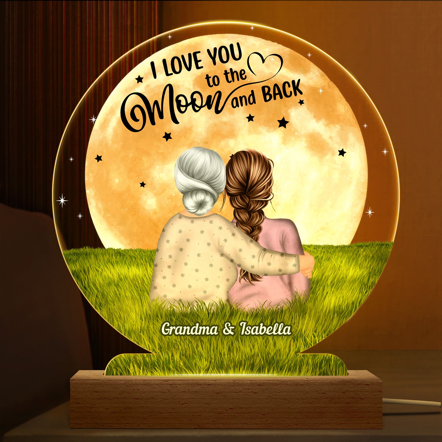 To The Moon And Back - Birthday, Loving Gift For Mom, Mother, Grandma, Grandmother, Daughter, Son - Personalized Custom 3D Led Light Wooden Base
