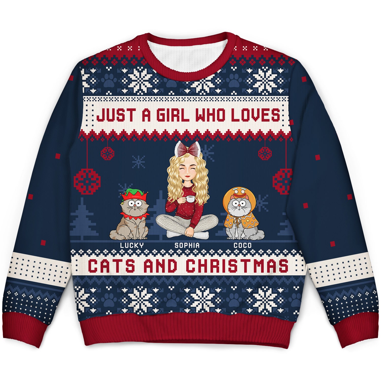 Just A Girl Who Loves Cats And Christmas Cartoon Style - Gift For Cat Moms, Cat Lovers - Personalized Unisex Ugly Sweater