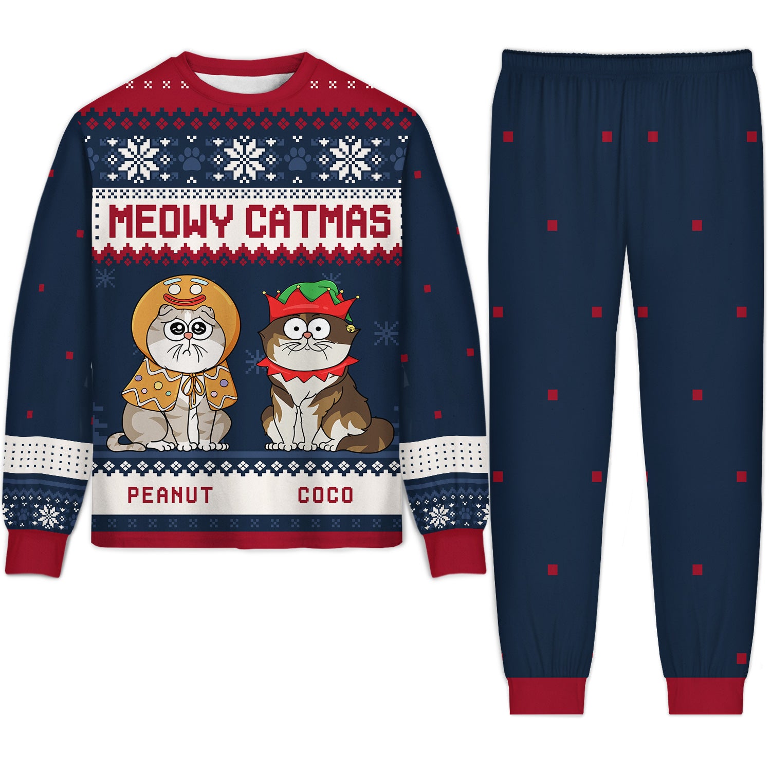 Meowy Catmas Funny Cartoon Cats - Christmas Gift For Cat Lovers, Cat Moms, Cat Dads - Personalized Unisex Pajamas Set