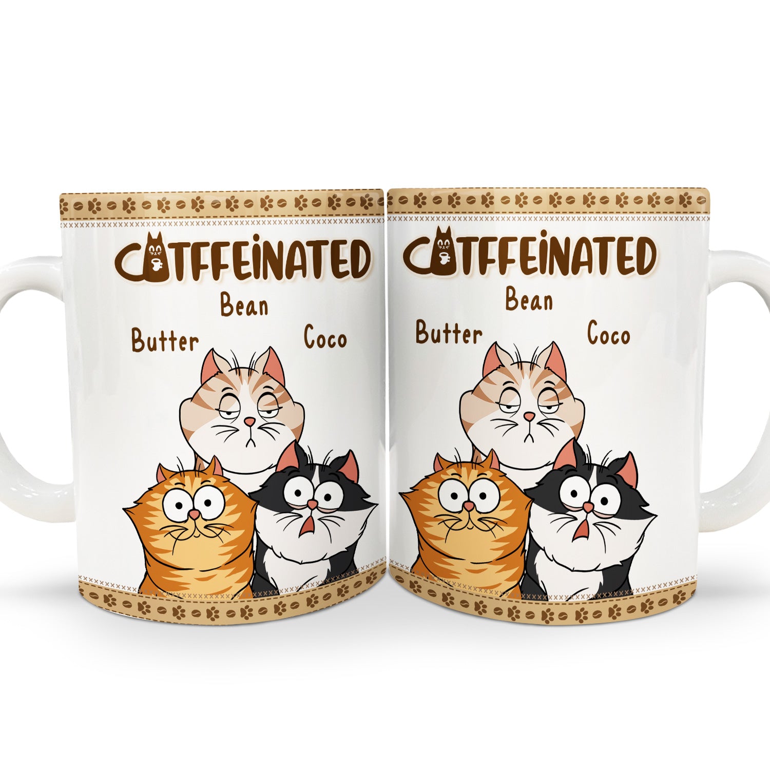 Catffeinated Funny Cartoon Cats - Gift For Cat Lovers, Cat Mom, Cat Dad - Personalized White Edge-to-Edge Mug