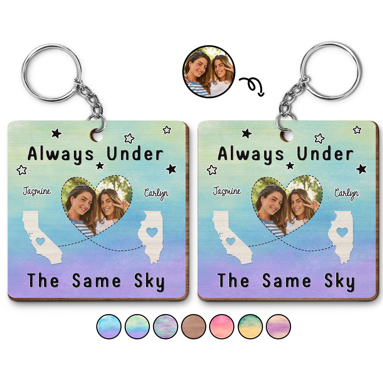 Custom Photo Always Under The Same Sky - Gift For BFF Best Friends, Besties, Siblings, Family - Personalized Wooden Keychain