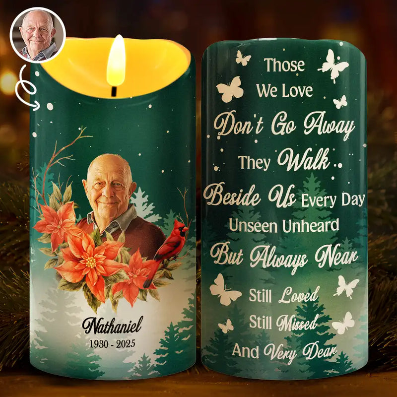 Sad,Christmas,Family,Memorial,Parents,Gift For Grandparents - Custom Photo Those We Love Don't Go Away They Walk Beside Us - Personalized Flameless LED Candle