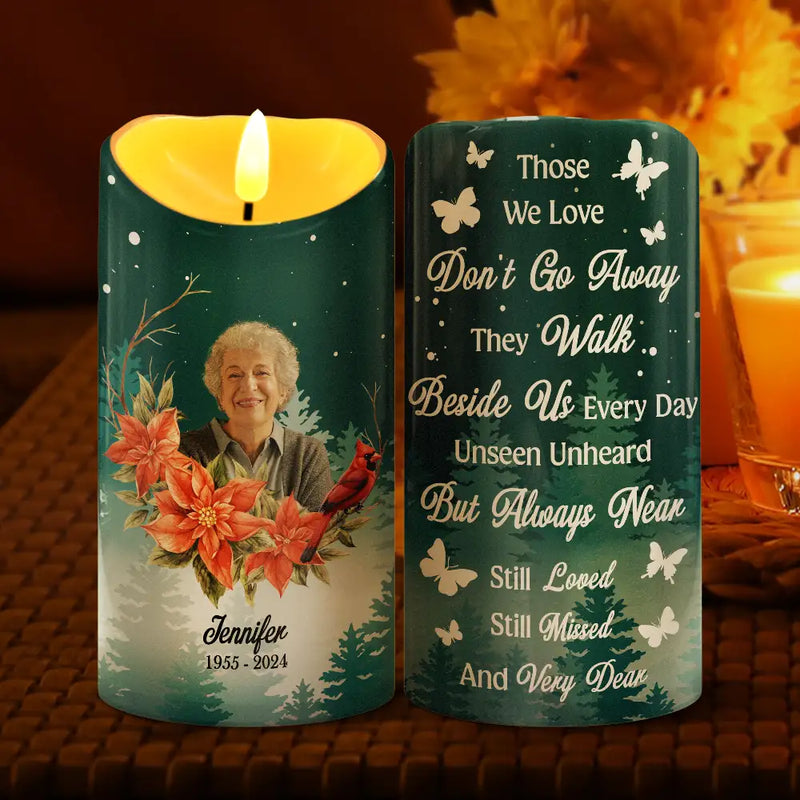 Sad,Christmas,Family,Memorial,Parents,Gift For Grandparents - Custom Photo Those We Love Don't Go Away They Walk Beside Us - Personalized Flameless LED Candle