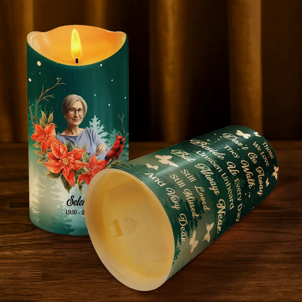 Sad,Christmas,Family,Memorial,Parents,Gift For Grandparents - Custom Photo Those We Love Don't Go Away They Walk Beside Us - Personalized Flameless LED Candle