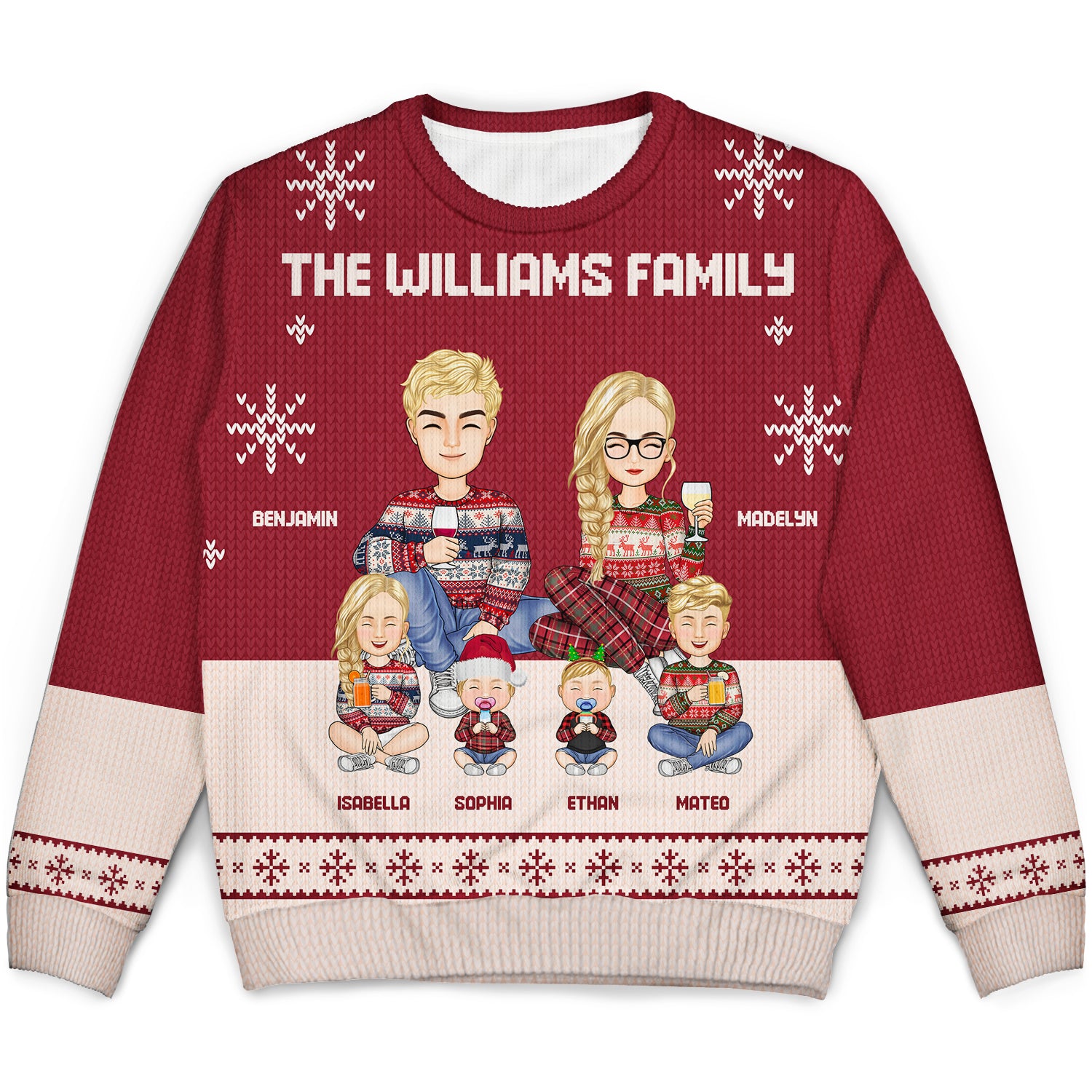 Cartoon Family Sitting - Christmas, Gift For Family - Personalized Unisex Ugly Sweater