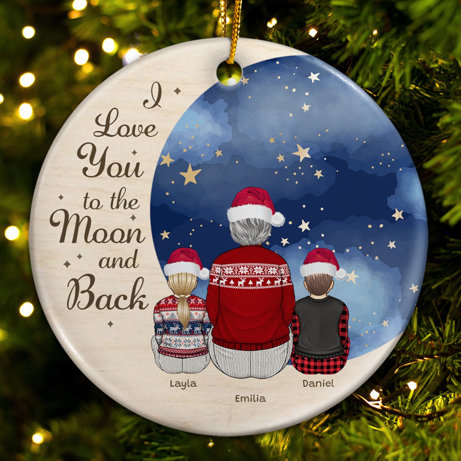 Grandma Mother I Love You To The Moon - Christmas, Gift For Granddaughter, Grandson, Kids - Personalized Circle Ceramic Ornament