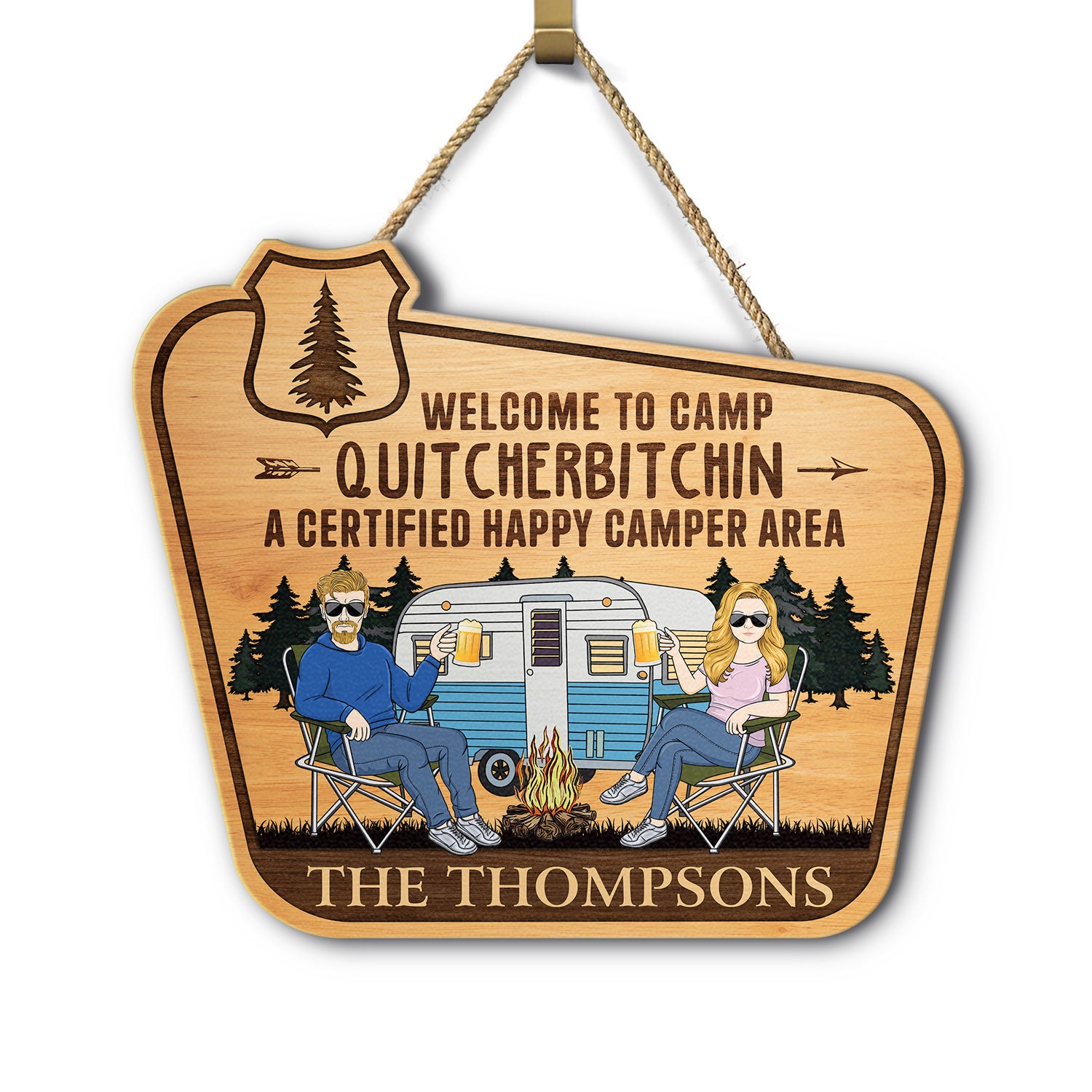 A Certified Happy Camper Area - Funny Gift For Camping Lovers, Couples - Personalized Custom Shaped Wood Sign