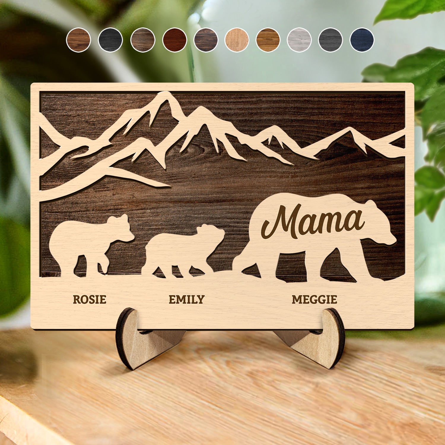 Mama Mom Bear - Loving Gift For Mother, Grandma, Nana, Father, Grandpa, Papa - Personalized 2-Layered Wooden Plaque With Stand
